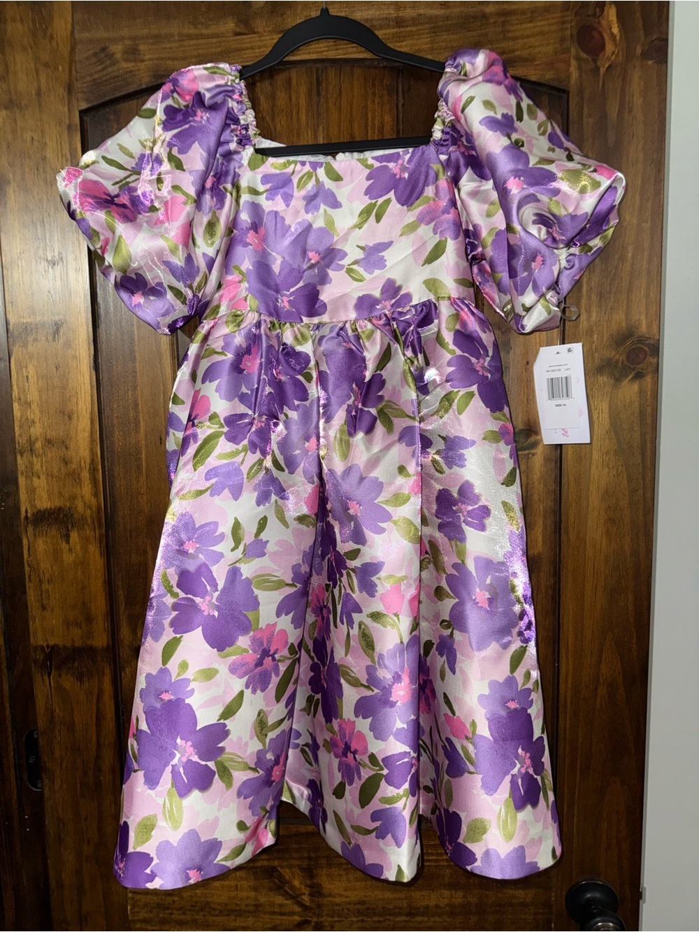 Bonnie Jean Purple and Pink Floral Puff-Sleeve Dress